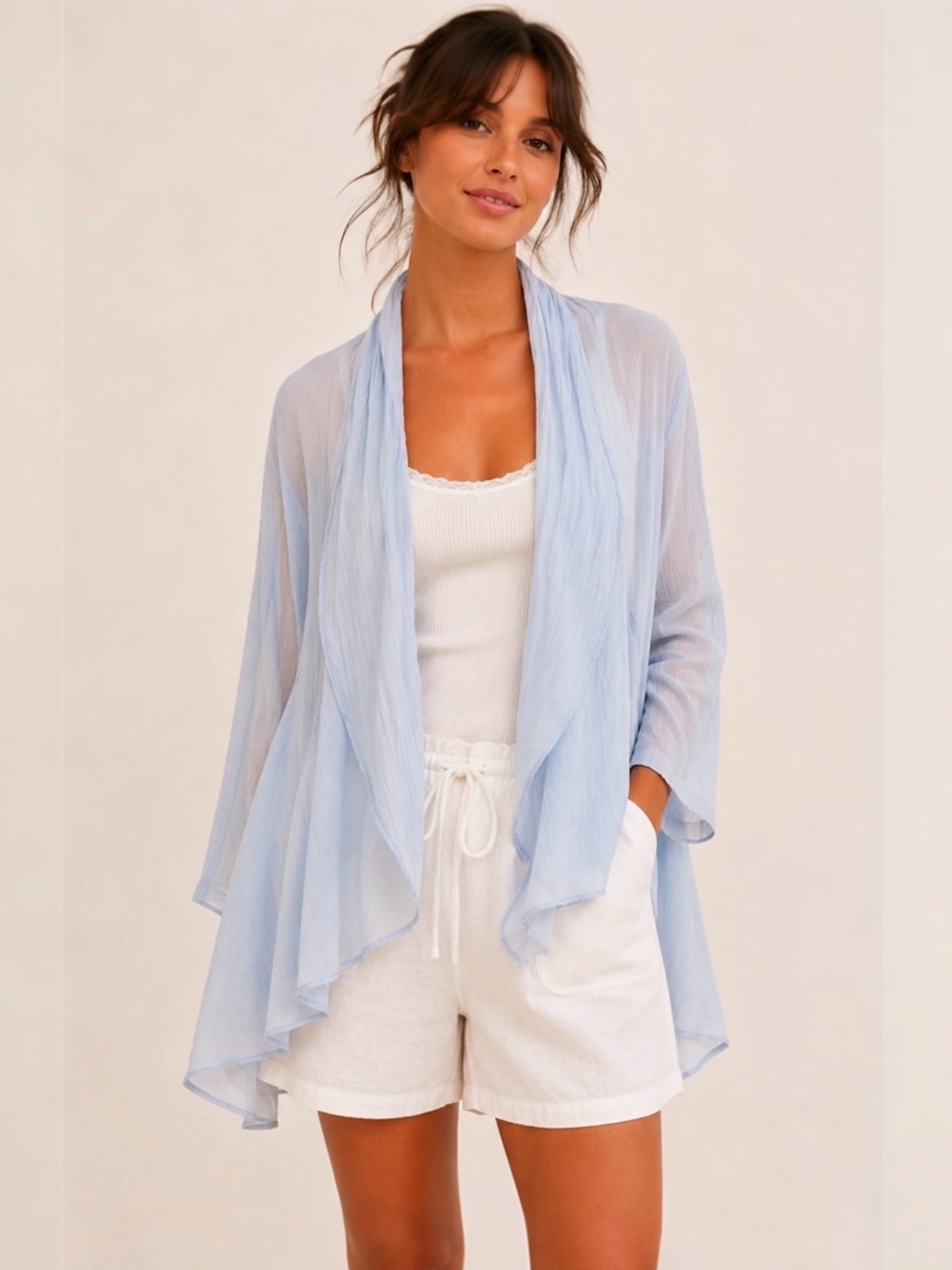 April Cornell Sheer Cotton Gauze Open Front Kimono Top Relaxed Fit Powder Blue